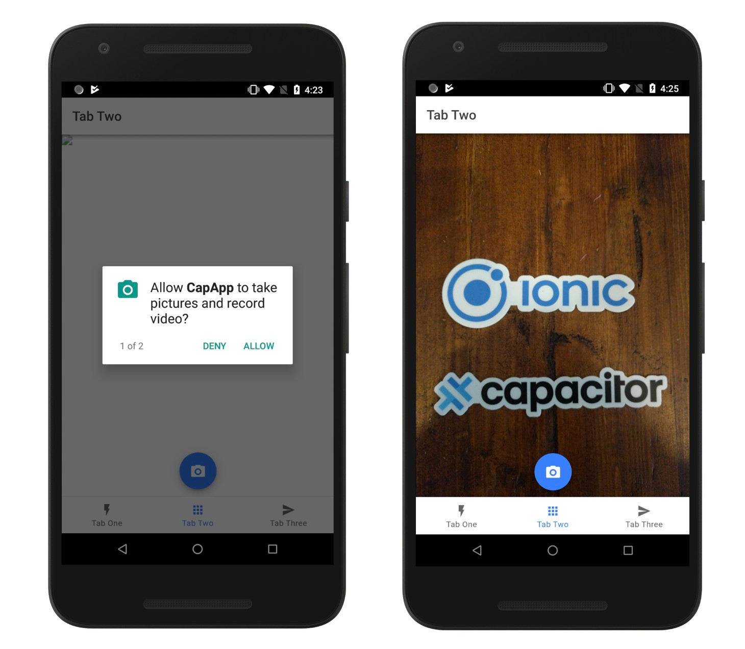 Android Permissions and Photo Capture Two Android phones side by side, one showing the camera permission prompt and the other displaying a photo taken with the app.